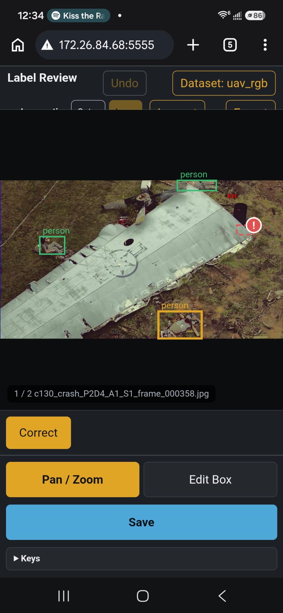 Label review app — correction view showing a bad-box indicator and Correct / Pan-Zoom / Edit Box / Save controls on an aerial image