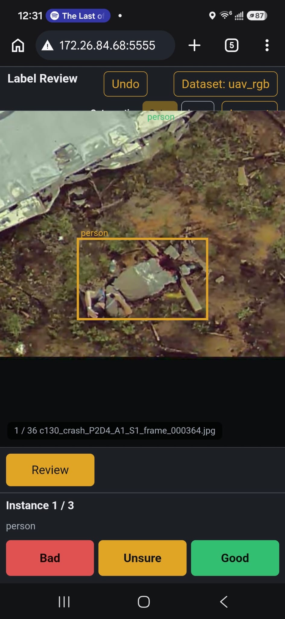 Label review app — first-pass review of SAM3-generated casualty detection labels on aerial imagery